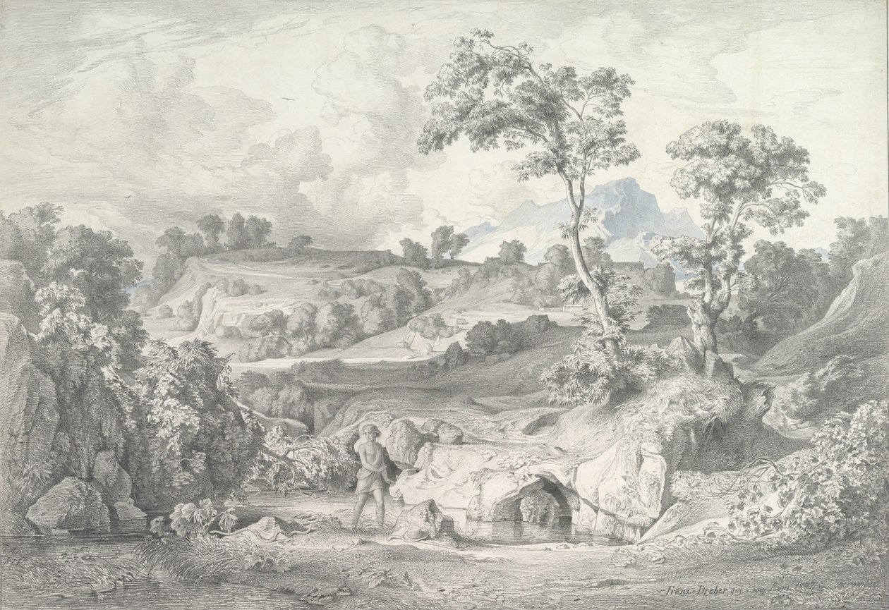 南方风景，有一个人和一条蛇，1847年。 作者 海因里希·德雷伯