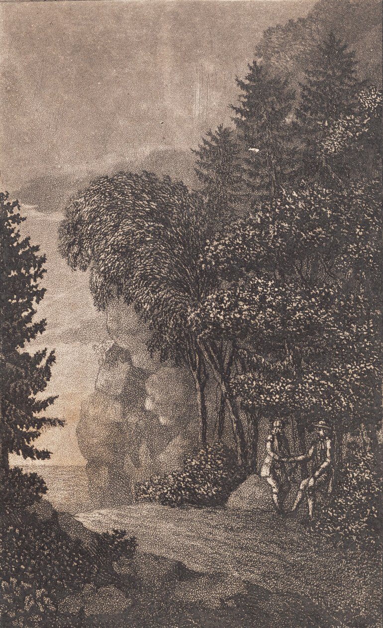 有岩石和大树的风景，右侧有两名男子 作者 海因里希·格罗施