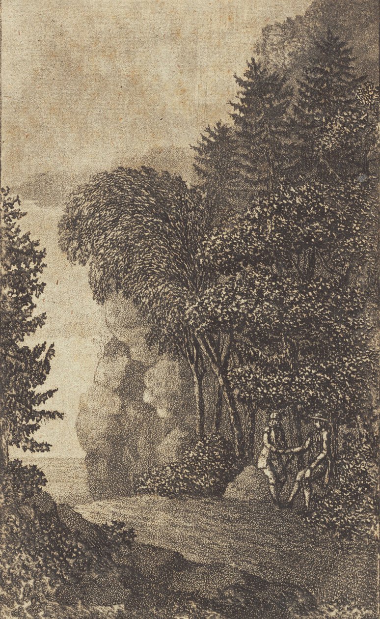 有岩石和大树的风景，右侧有两名男子 作者 海因里希·格罗施