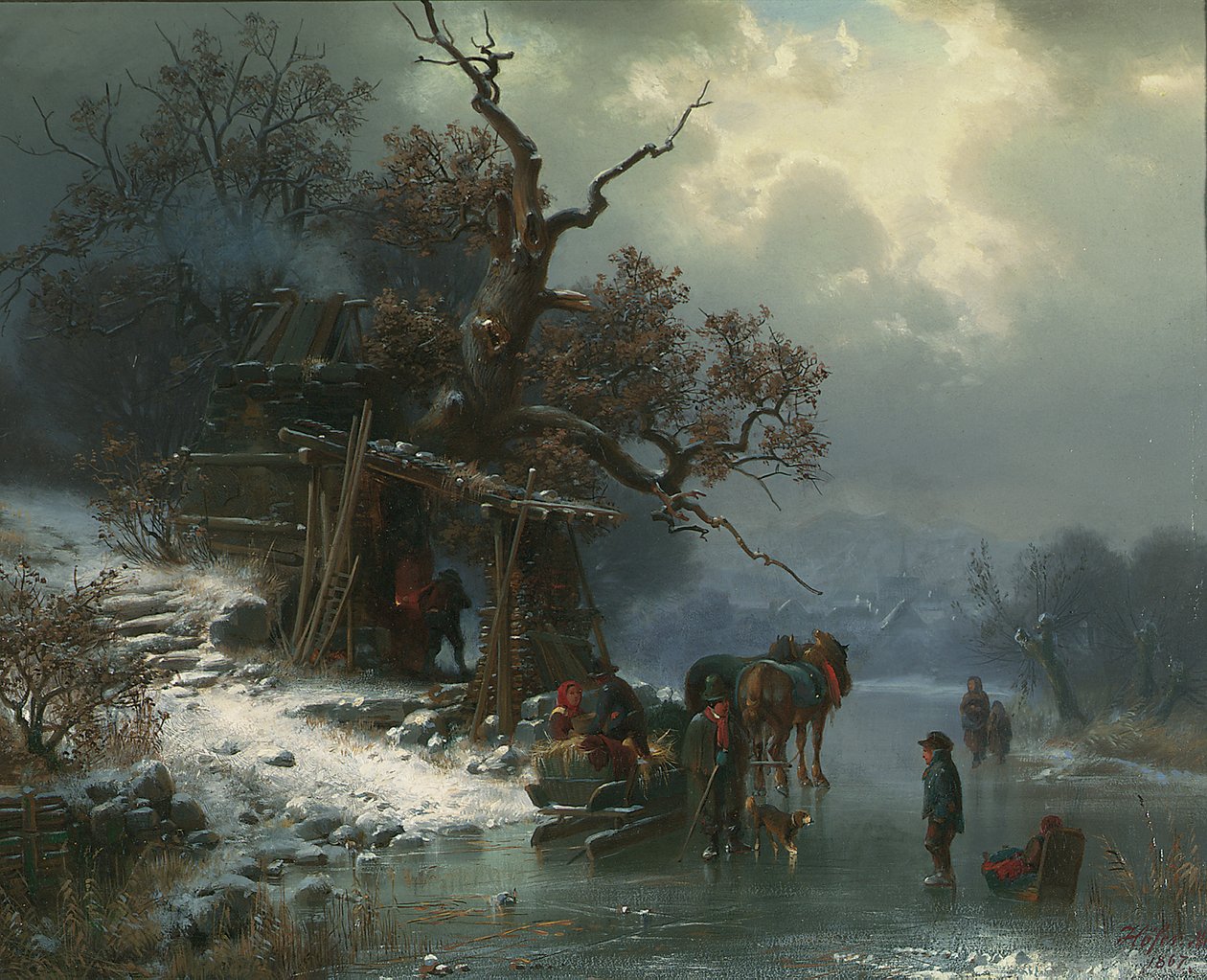 冬季景观与数字在冰冻的河上，1867年 作者 海因里希·霍弗（Heinrich Hofer）