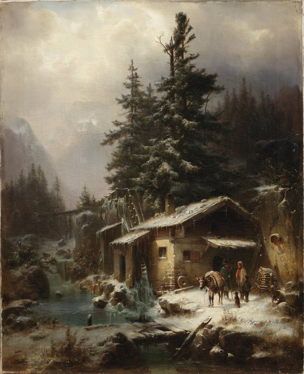 1866年在水磨坊附近休息的人物的冬季景观 作者 海因里希·霍弗（Heinrich Hofer）