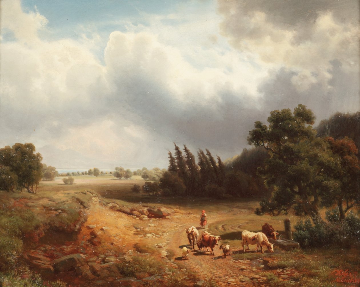 树木繁茂的牧羊人和她的牛，1862年 作者 海因里希·霍弗（Heinrich Hofer）