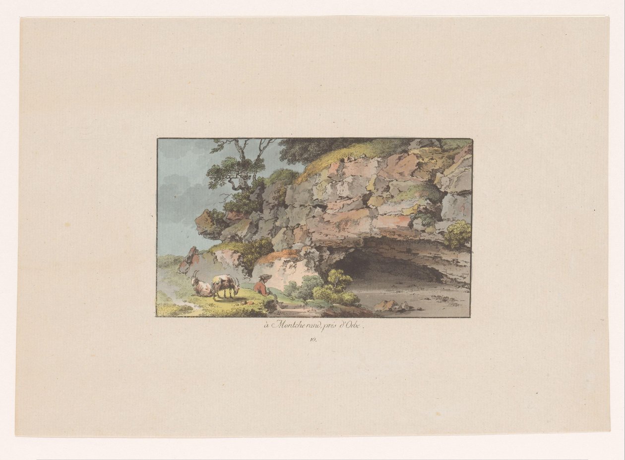 蒙切朗附近山洞旁牧羊人与山羊的景色
à montcherand, prés d