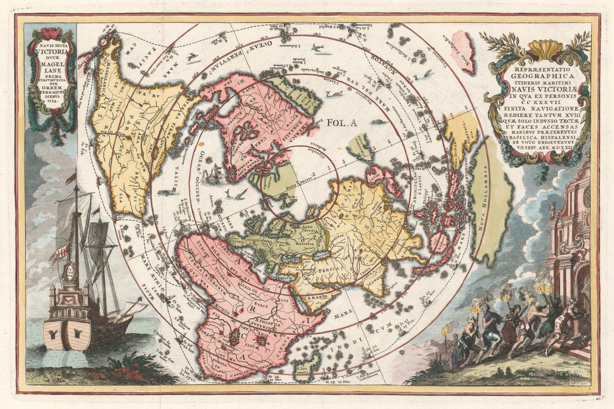 带有麦哲伦环球航行的世界地图 来自舍勒的《新地图集》，1702-1703年 作者 海因里希·谢勒