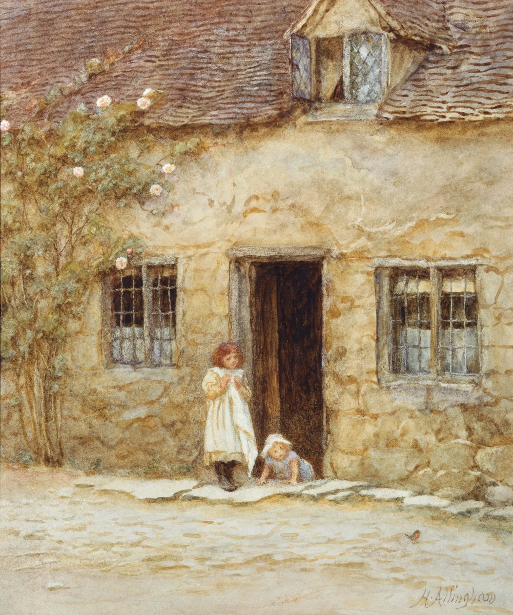 At the Cottage Door (watercolour with scratching out) 作者 海伦阿灵厄姆