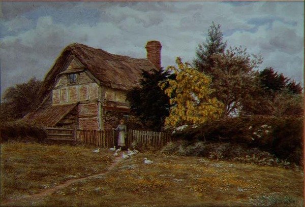 Laburnum Cottage：一个女人在喂鸭子（水彩）。 作者 海伦阿灵厄姆