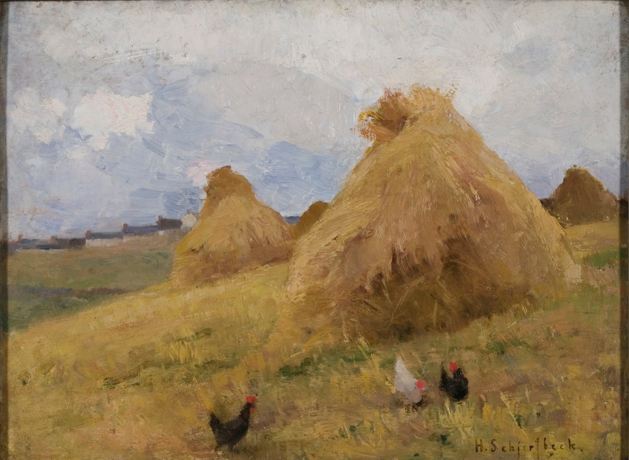玉米秸秆中的小鸡，约 1888 年（布面油画） 作者 海伦·谢尔夫贝克