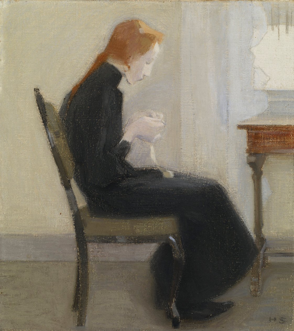 Jeune fille faisant du crochet - 钩针编织的女孩，海伦-施耶夫贝克（1862-1946 年）创作。布面油画 作者 海伦·谢尔夫贝克
