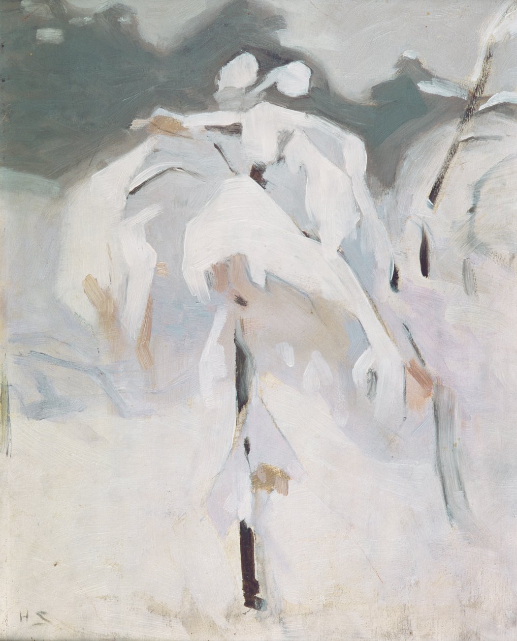 白雪覆盖的桦树，约 1913 年（油画镶板） 作者 海伦·谢尔夫贝克