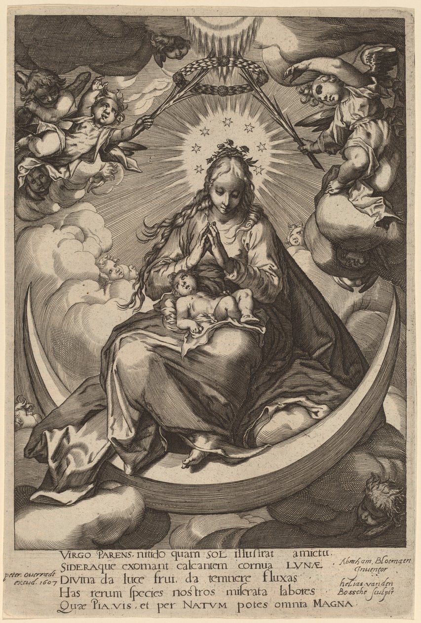 月亮上的圣母和孩子 作者 Helias van den Bossche 在 Abraham Bloemaert 之后