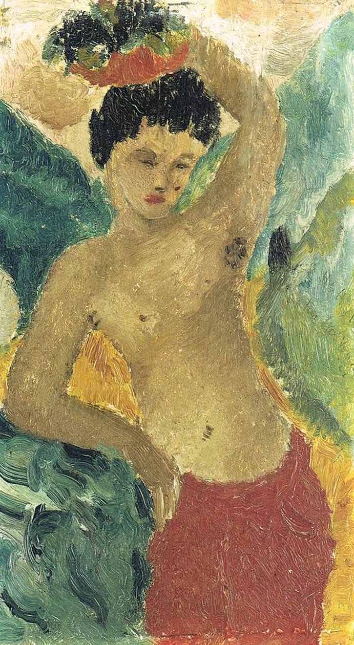 有红色裤子和水果篮的常设男孩 作者 赫尔穆特·科尔（Helmut Kolle）