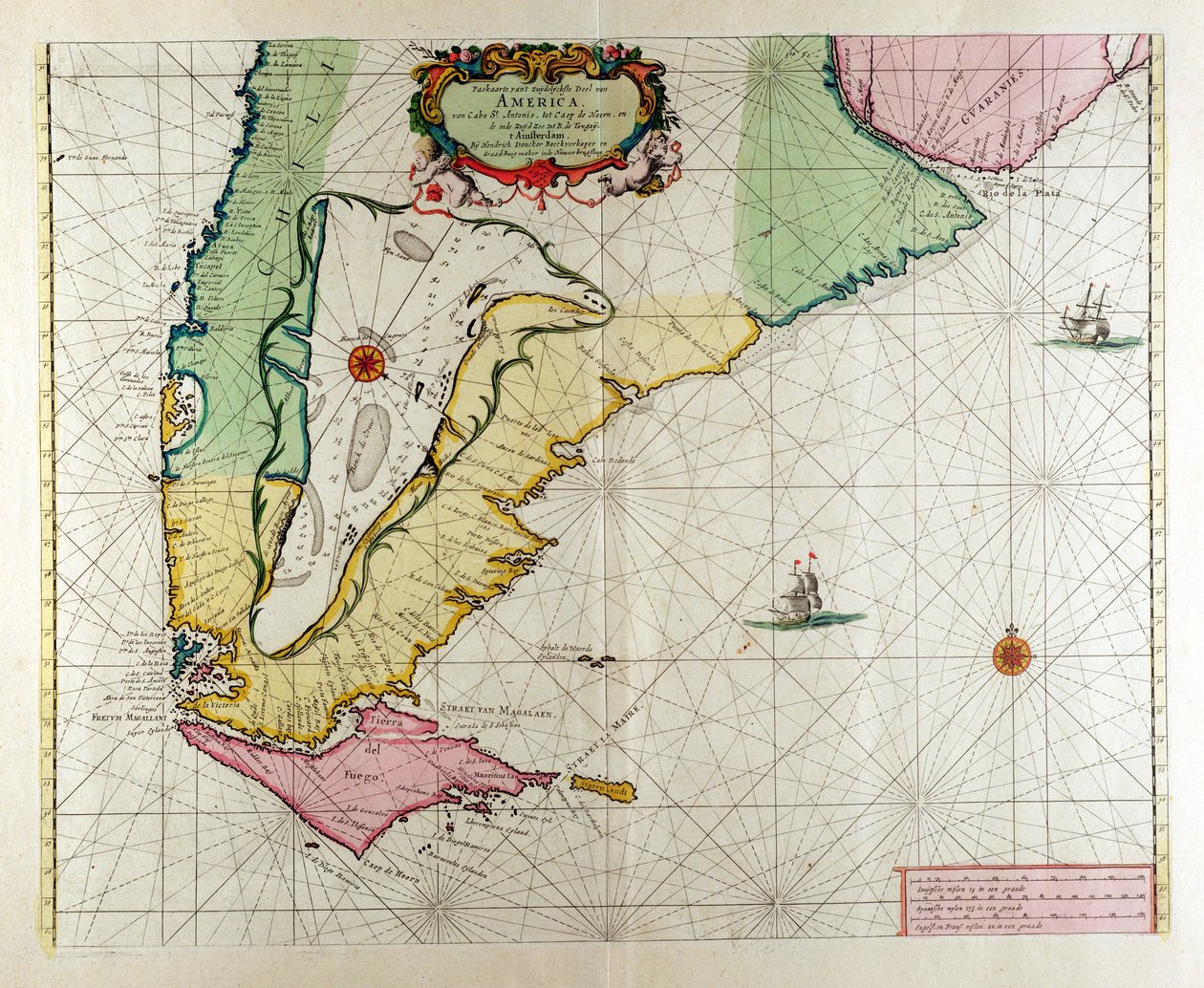 美国，由Claes Jansz编辑的“The New and Great Illuminant Torch of the Sea”中的17号板块。 Vooght（第1680-96页），1683年在阿姆斯特丹出版（手工彩色雕刻） 作者 亨德里克·唐克