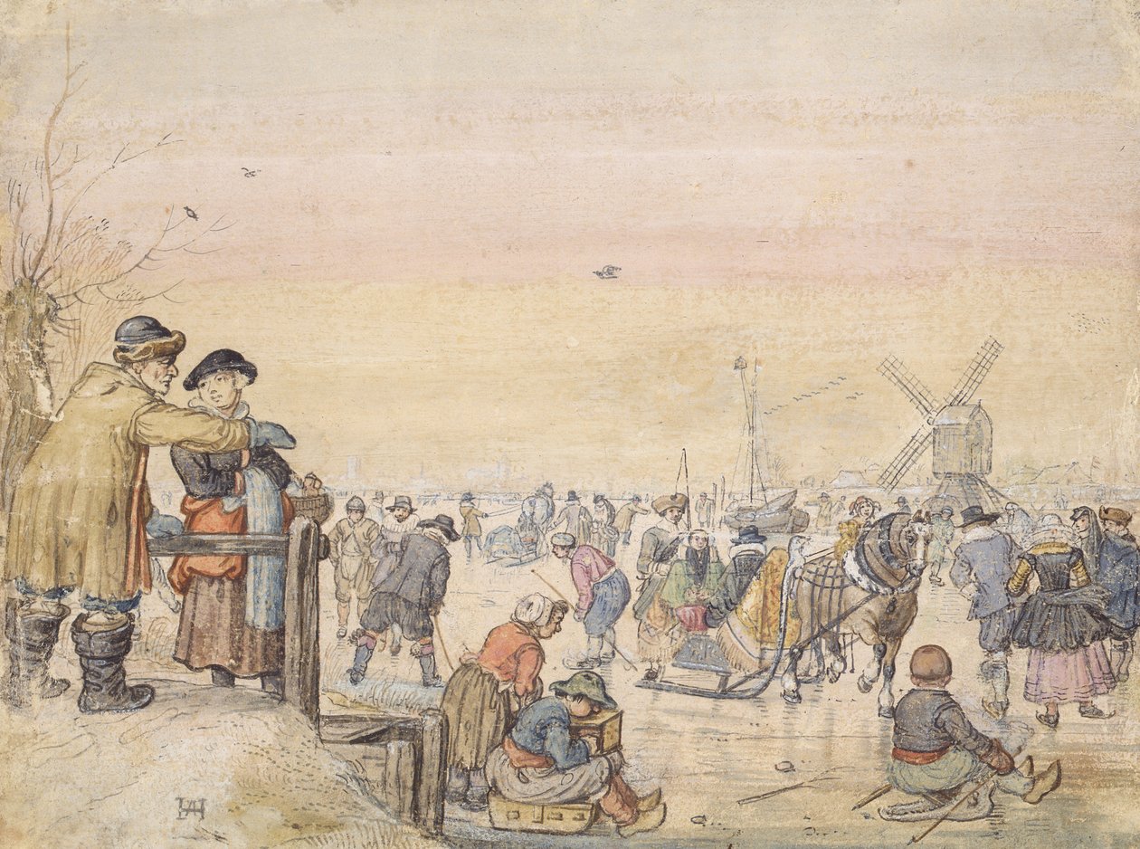 享受冰，1630年（笔和纸在纸上） 作者 亨德里克·阿弗坎普