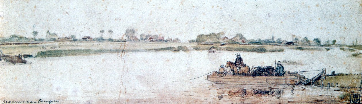 与绳索轮渡的河风景，17世纪初。 作者 亨德里克·阿弗坎普