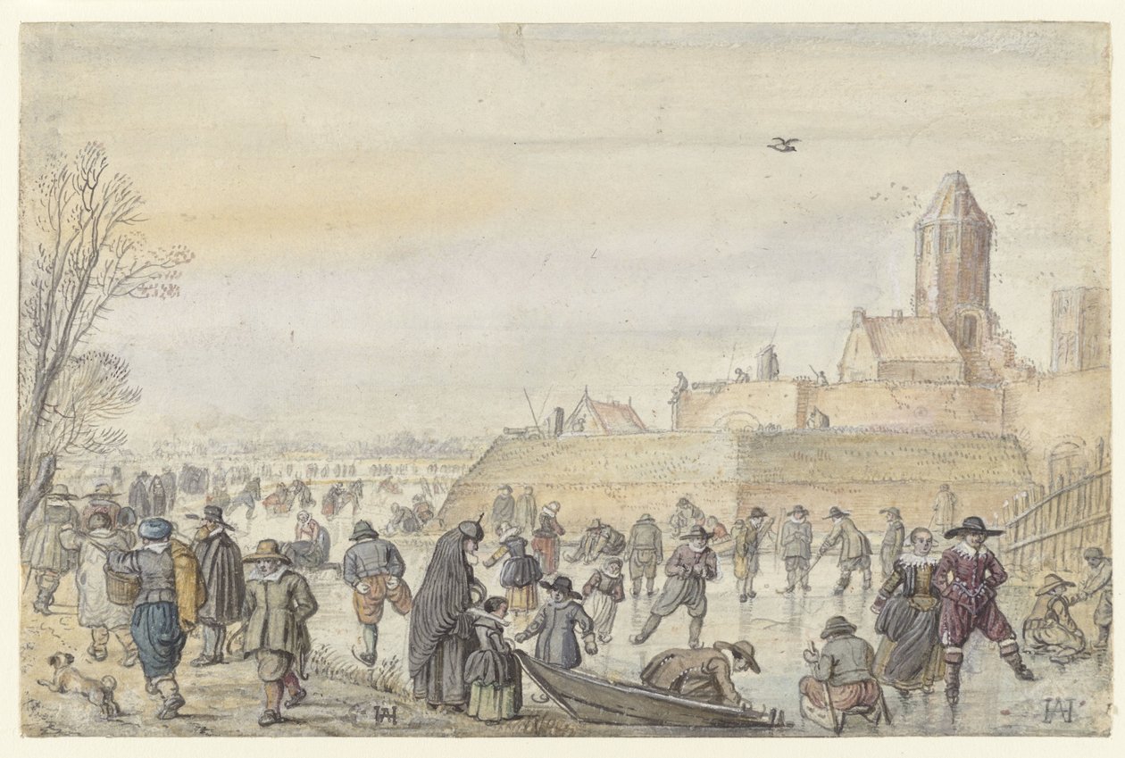 坎彭 Kalverhekkenpoort 附近冰冻运河的冬景 / 反面：冰上人物草图 作者 亨德里克·阿弗坎普