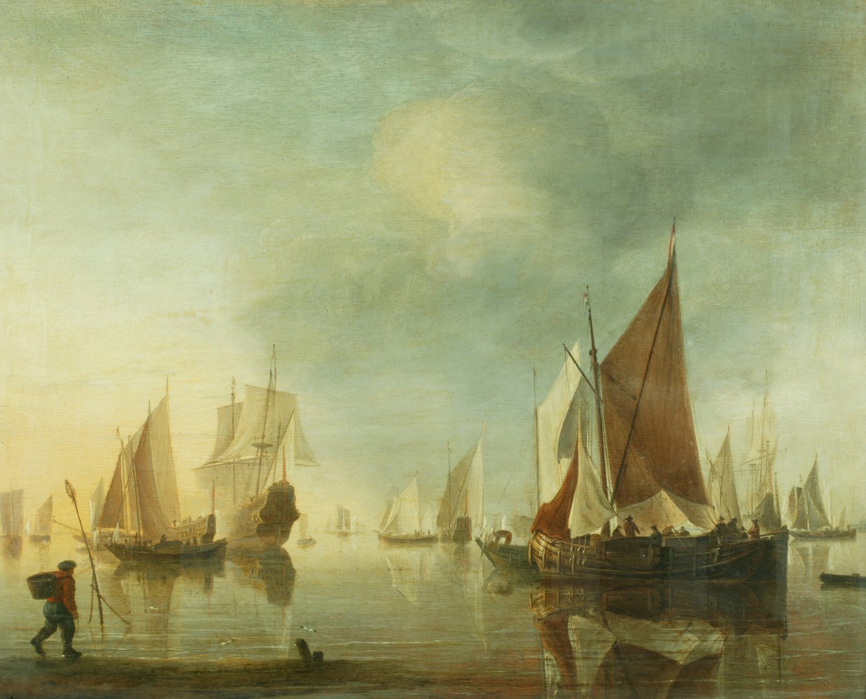 平静海面上离岸停泊的船只；傍晚的光线，约 1650-60 年（油画板） 作者 亨德里克·达伯斯