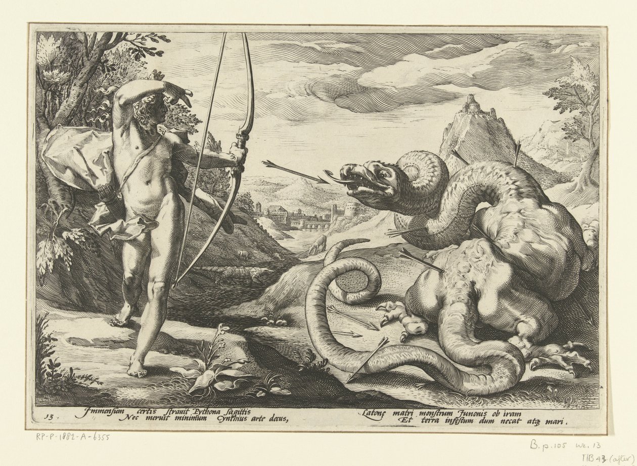 阿波罗杀死巨蛇蟒蛇
奥维德的《变形记》（丛书名） 作者 Hendrick Goltzius（工作室）