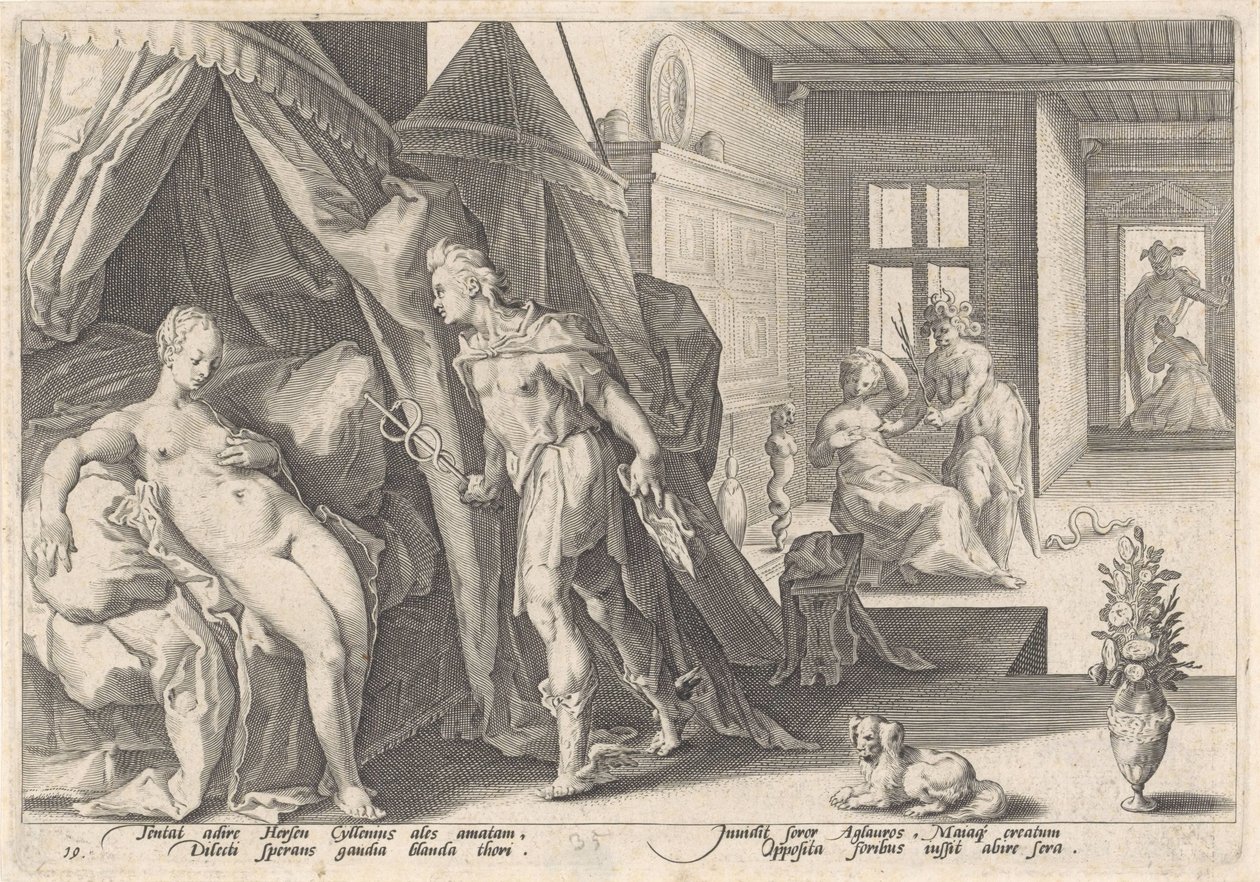 墨丘利拜访赫斯
奥维德的《变形记》（丛书名） 作者 Hendrick Goltzius（工作室）