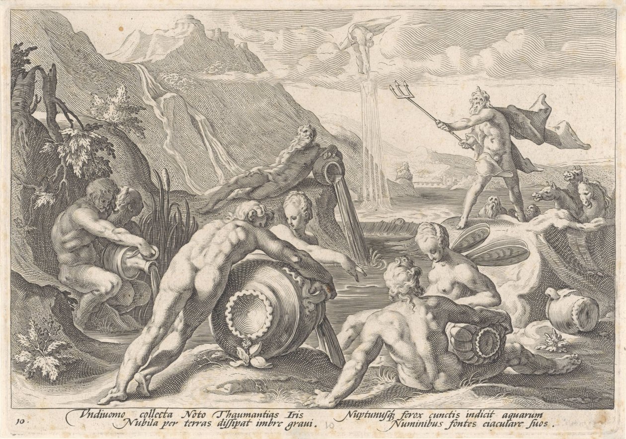 海王星命令河神引发洪水
奥维德的《变形记》（丛书名） 作者 Hendrick Goltzius（工作室）