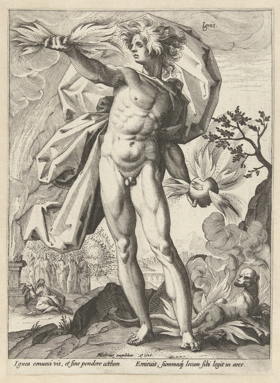 Vuur
伊格尼斯（物品上的标题）
De vier elementen（系列标题） 作者 Hendrick Goltzius（工作室）