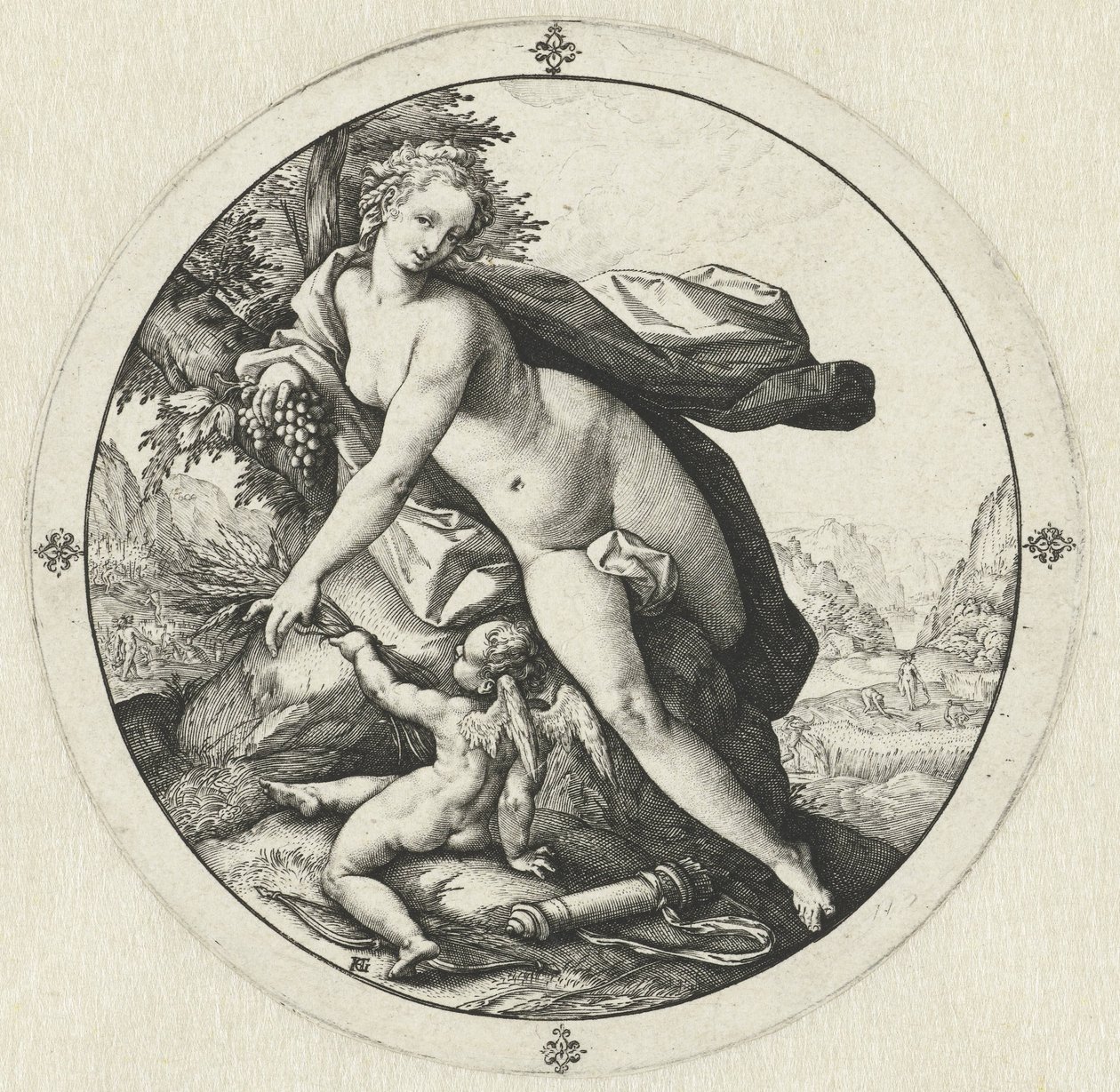 维纳斯与丘比特
Sine Cerere et Baccho friget Venus（物体上的标题） 作者 亨德里克·戈尔齐乌斯