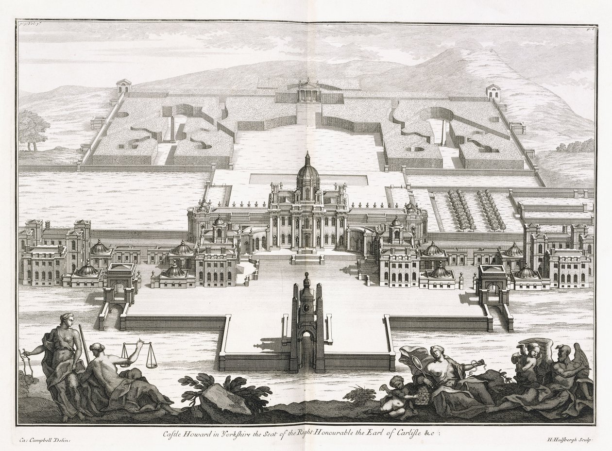 约克郡的霍华德城堡，来自“维特鲁威·不列颠尼古拉”（Vitruvius Britannicus）或科林·坎贝尔（Colin Campbell）的“英国建筑师，其中包含英国不公开和私人的常规建筑物的平面图，立面图和剖面图” 作者 亨德里克·赫尔斯伯格