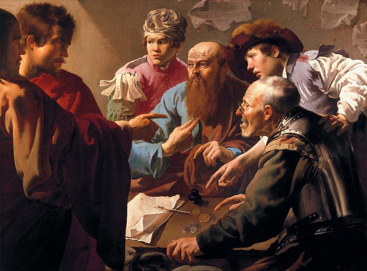 圣马太的呼召（卒于 61 年）（The Call Of Saint Matthew）。 描绘的他坐在迦百农（以色列的迦百农，Kefar Nahum）海关办公室，被耶稣指定并跟随他，成为他的使徒之一并写了一本福音书。 画家 作者 亨德里克·詹斯·特布鲁根