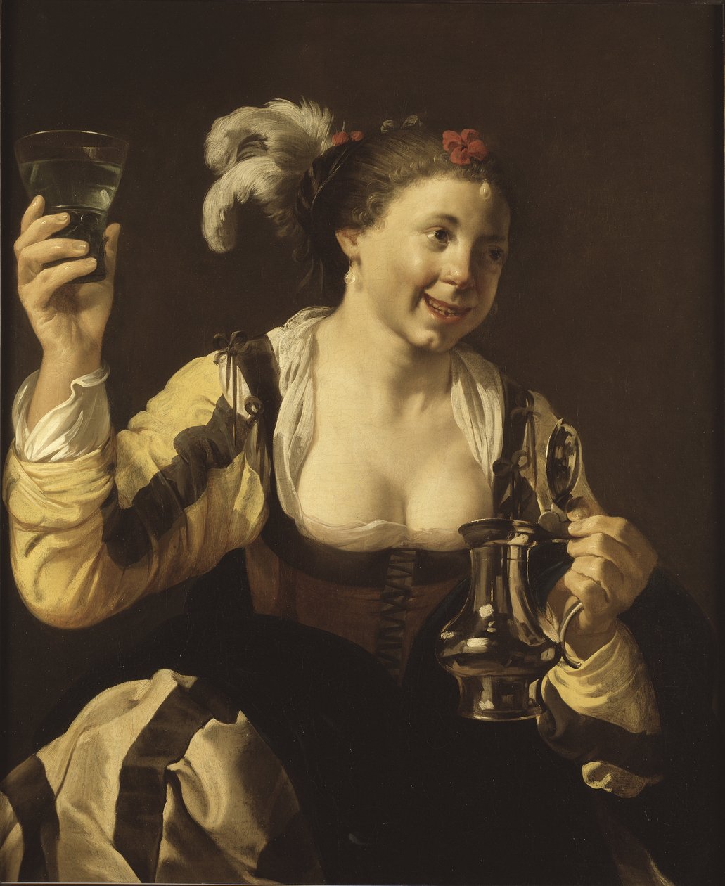 Une fille tenat un verre ( le gout, serie des cinq sens) - 《拿着玻璃杯的女孩（味觉。选自 "五感 "系列）》，作者特布鲁根、亨德里克-扬斯（1588-1629 年）。布面油画 作者 亨德里克·詹斯·特布鲁根
