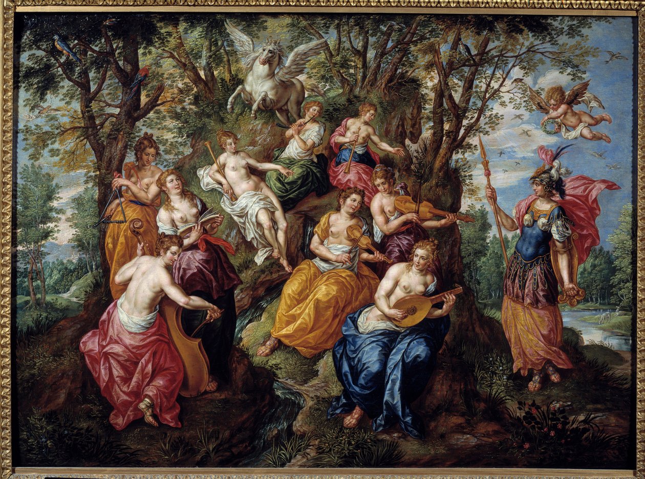 米涅瓦在缪斯女神前的访问 亨德里克-德-克拉克（Hendrick de Clerk，1570-1629 年）（ec.flam. 17 世纪马恩河畔夏隆）的绘画。美术博物馆 作者 亨德里克·德文员