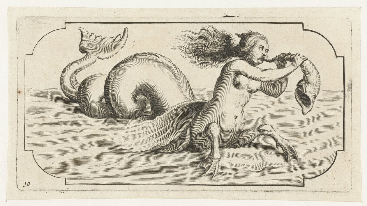 一个女性人物在海螺壳上吹气 Nouveau Livre des Dieux et Deeßes De la Marine Bouckje van Sea Gods and Goddesses（系列标题） 作者 亨德里克·德凯泽 (I)