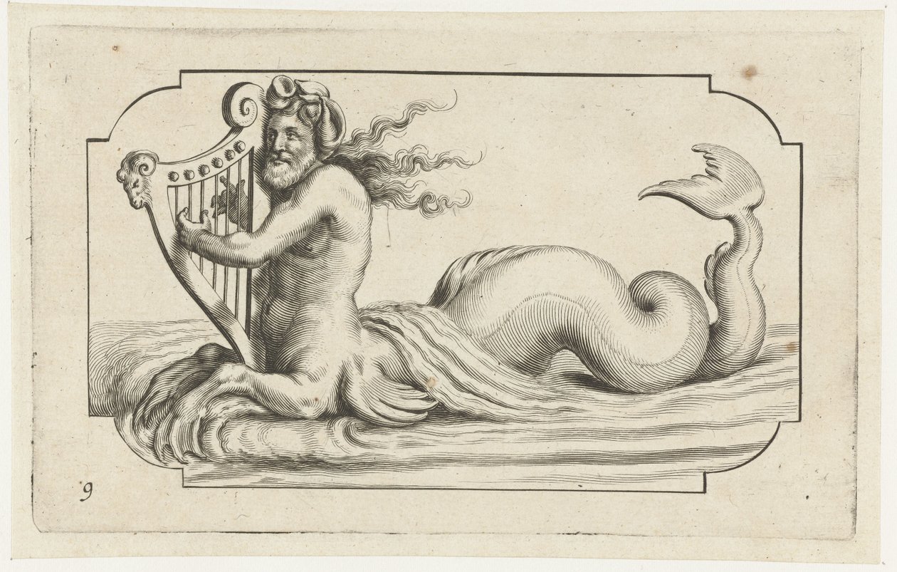 特莱顿弹奏竖琴
Nouveau Livre des Dieux et Deeßes De la Marine Bouckje of Sea Gods and Goddesses（丛书名） 作者 亨德里克·德凯泽 (I)
