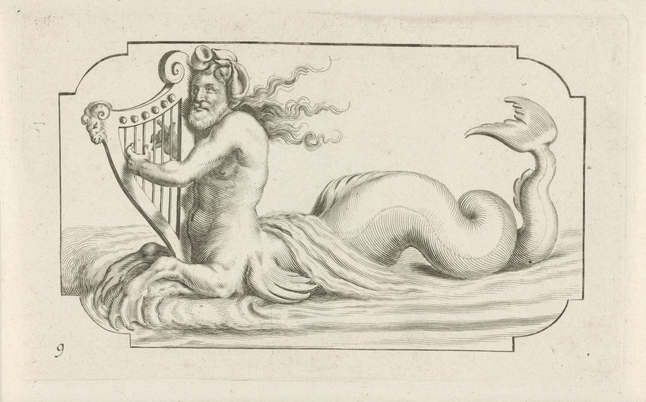 特莱顿弹奏竖琴
Nouveau Livre des Dieux et Deeßes De la Marine Bouckje of Sea Gods and Goddesses（丛书名） 作者 亨德里克·德凯泽 (I)