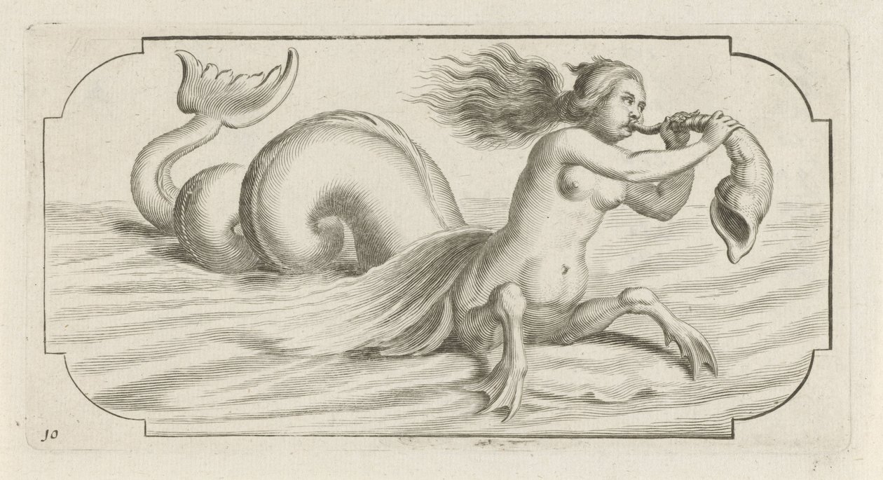 在贝壳上吹气的女性形象
Nouveau Livre des Dieux et Deeßes De la Marine Bouckje of Sea Gods and Goddesses（系列名称） 作者 亨德里克·德凯泽 (I)