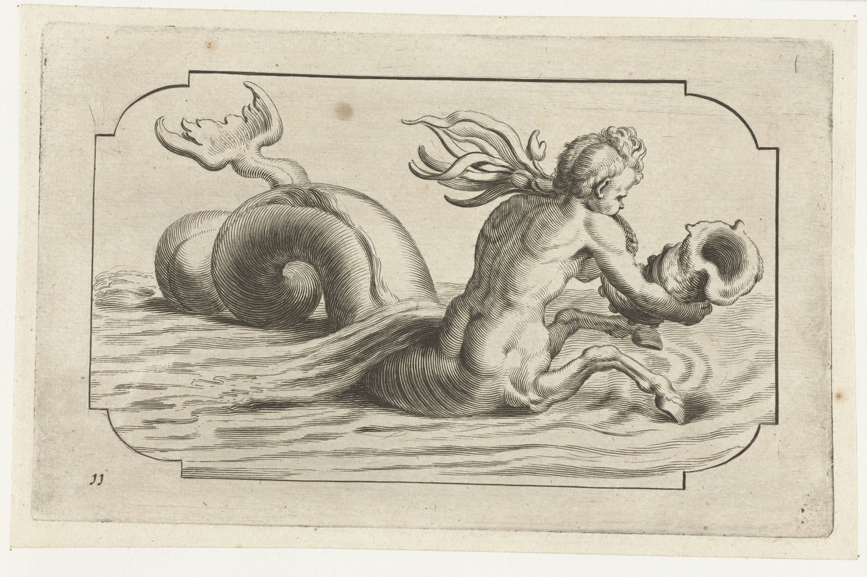 具有男性化上半身的海马 Nouveau Livre des Dieux et Deeßes De la Marine Bouckje van Sea Gods and Goddesses（系列标题） 作者 亨德里克·德凯泽 (I)