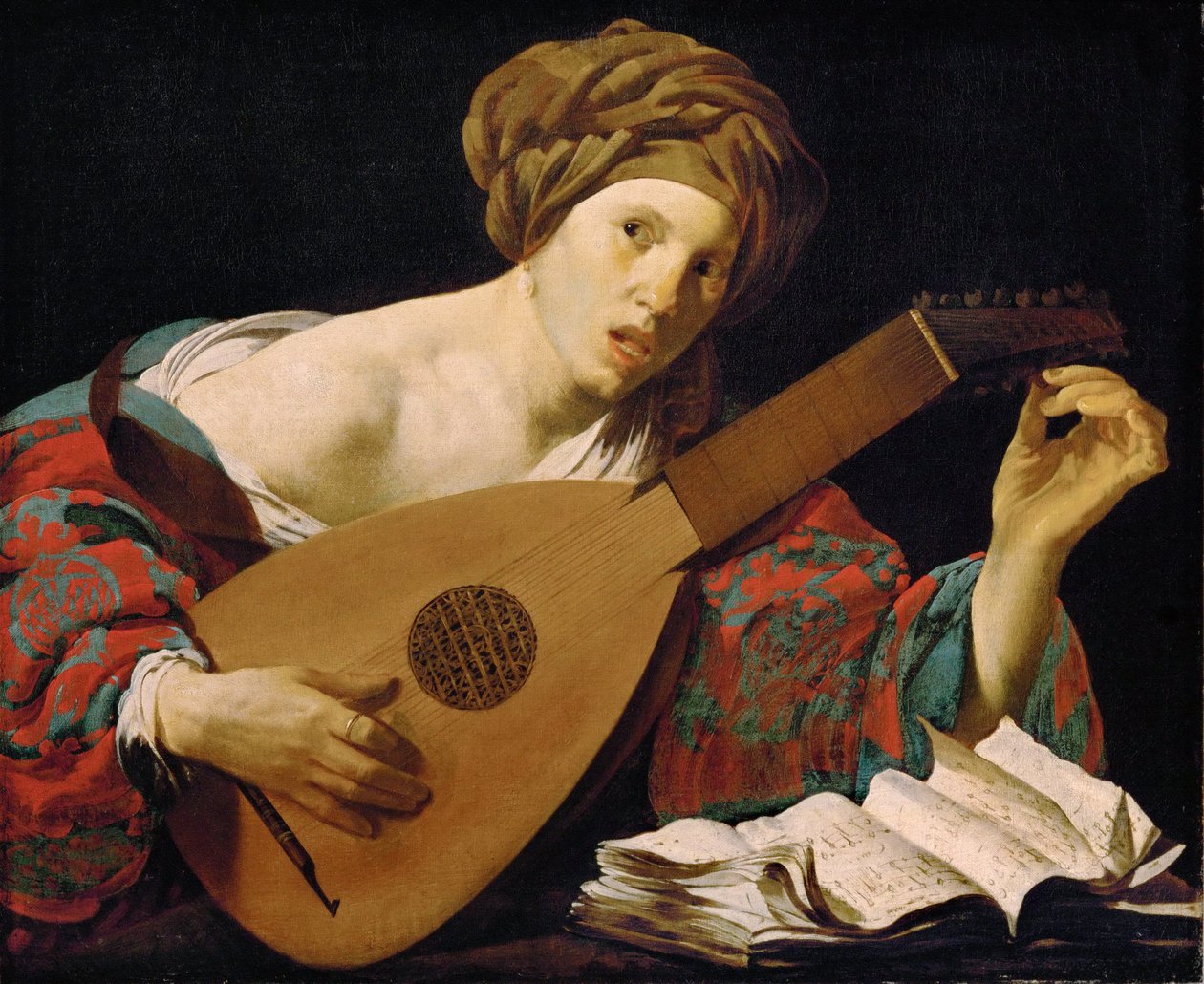 琵琶演奏者 - 亨德里克·扬斯·特布鲁根 (ter Brugghen) (1588-1629)。 布面油画，约 1627 年。尺寸：71x85 厘米。 维也纳艺术史博物馆 作者 亨德里克·布鲁格