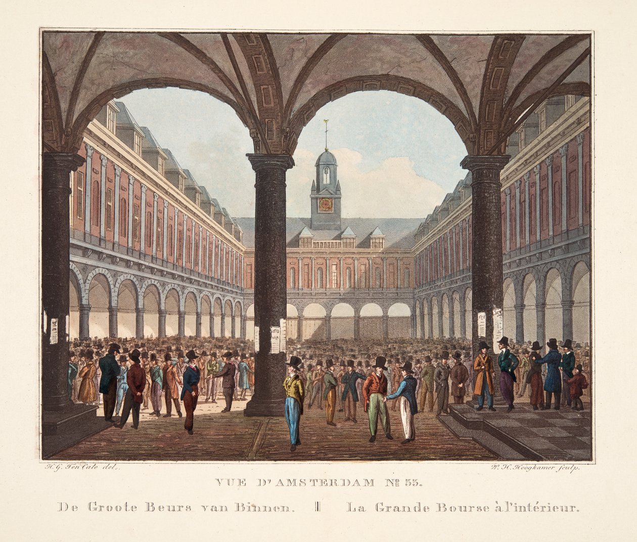 阿姆斯特丹No.33的视图。 De Groote Beurs van Binnen。里面的大证券交易所，1825年（手工彩色雕刻） 作者 亨德里克·格里特十个凯特