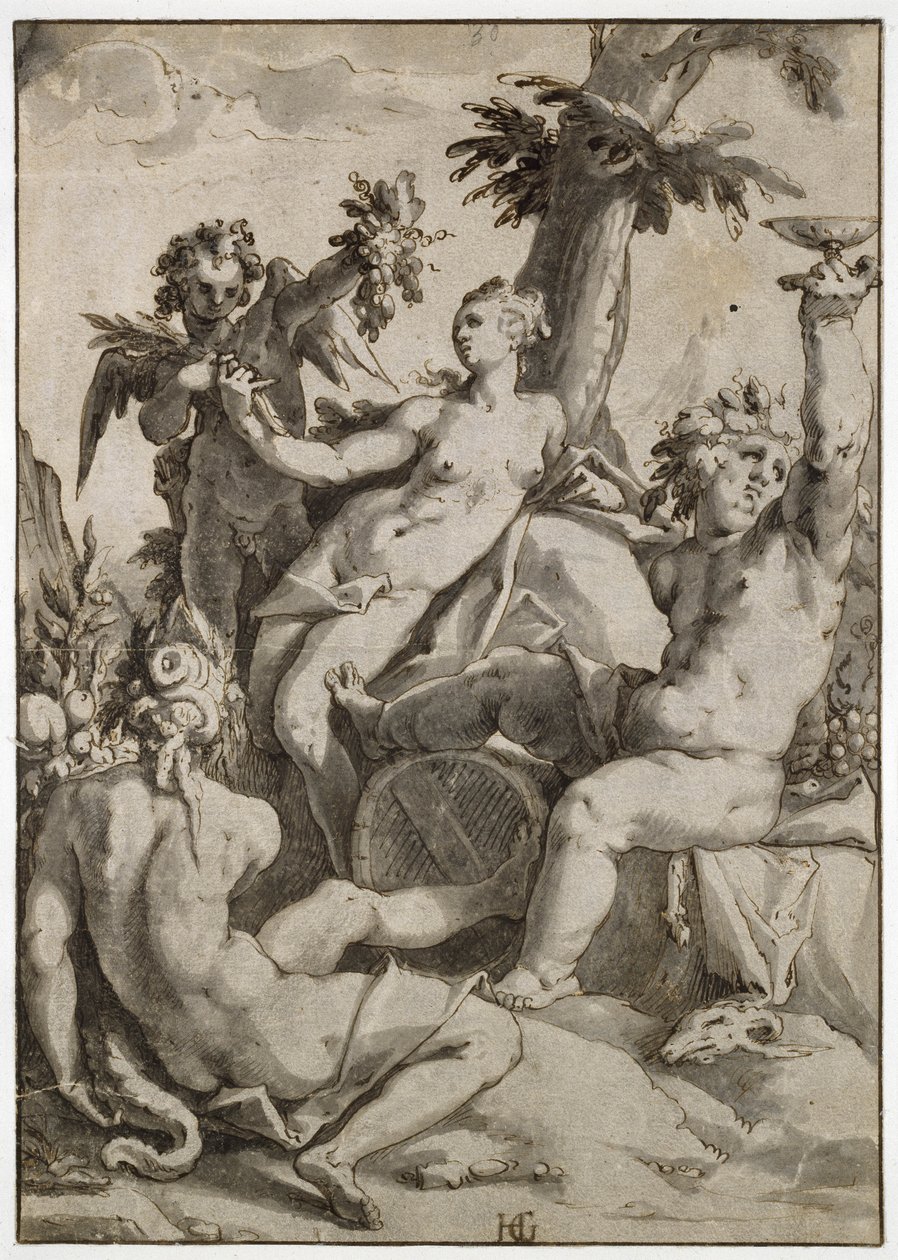 Ceres，Venus和Bacchus，16世纪（笔墨水和灰色洗纸） 作者 亨德里克·古尔齐乌斯（Hendrik Goltzius）