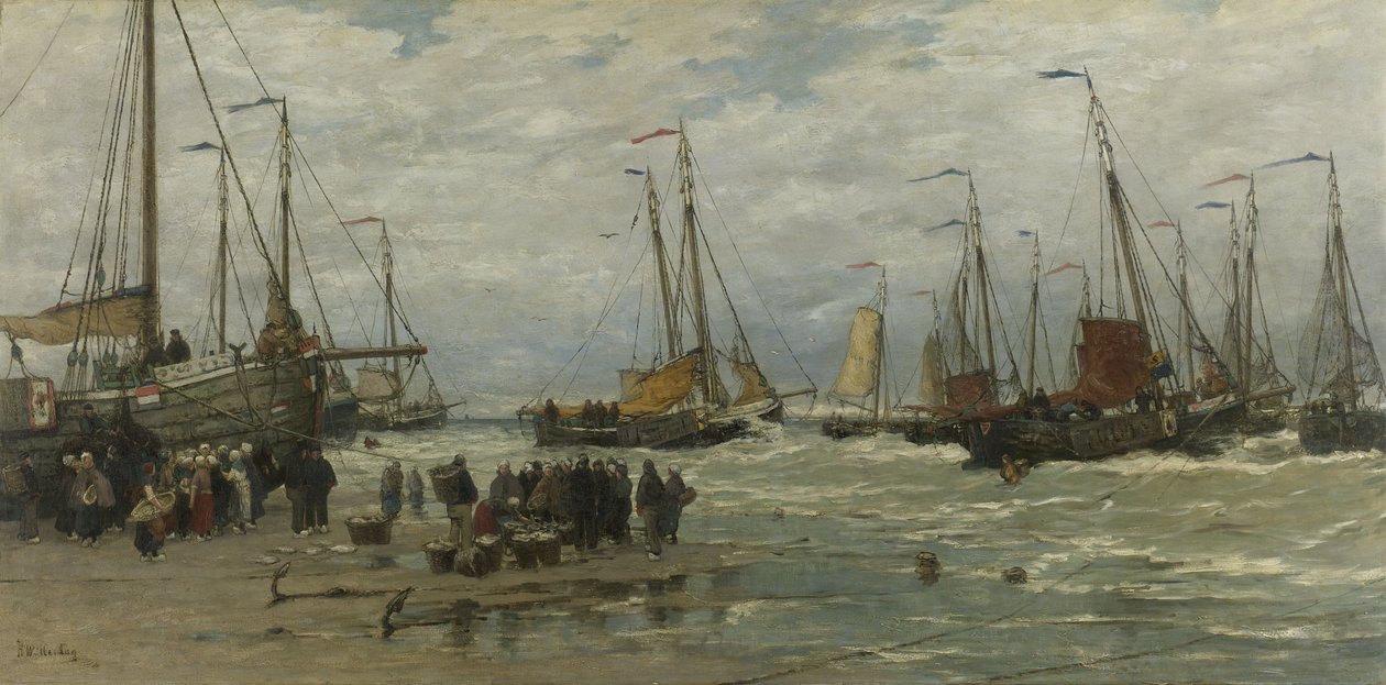 钓鱼粉红色在破浪，c.1875-85 作者 亨德里克·威廉·梅斯达格