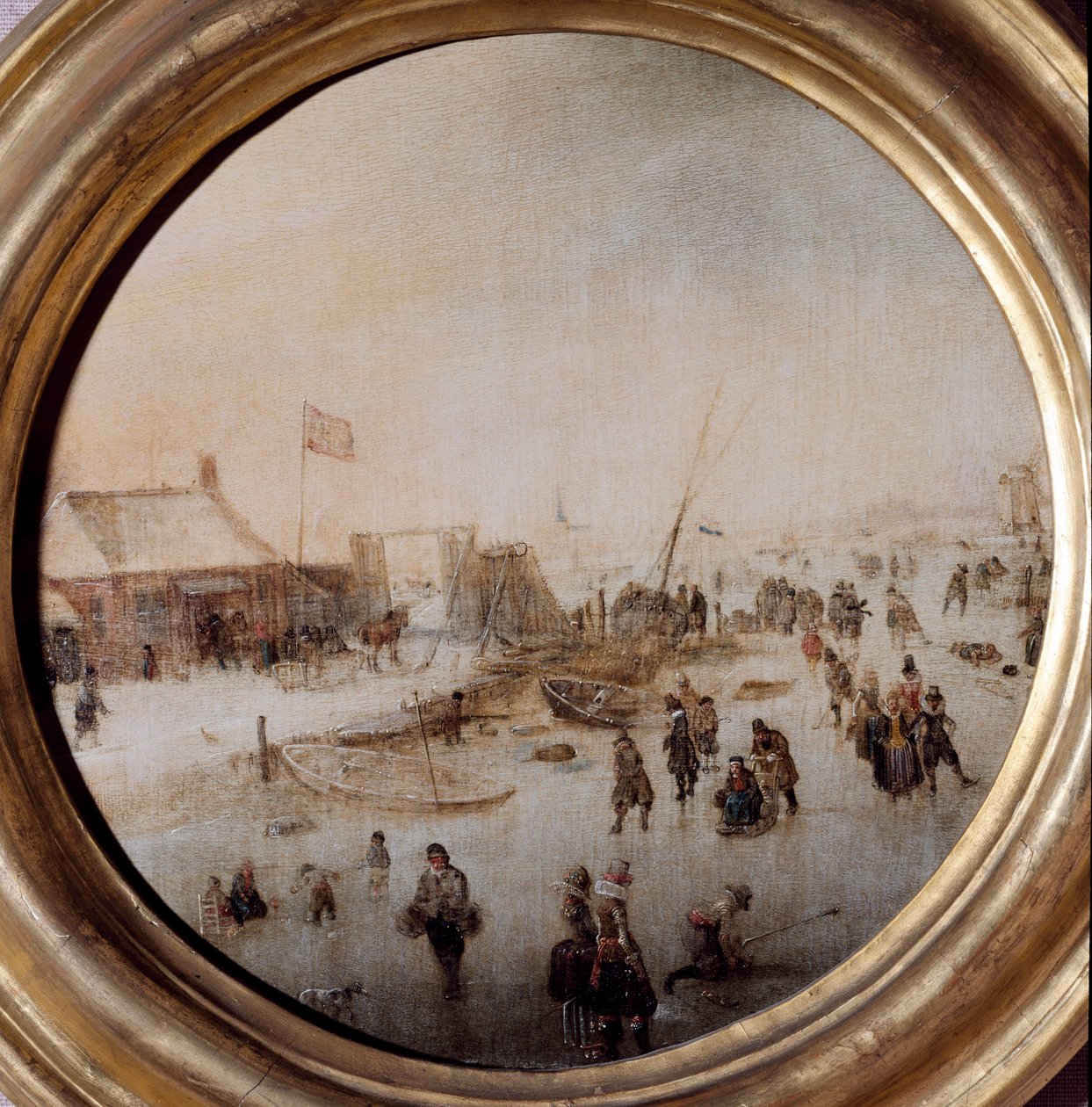 与溜冰者的冬季风景画 Hendrick Avercamp (1585-1634) 直径 25 厘米 Musei di Strada Nuova（ex Palazzo Rosso） 作者 亨德里克·阿弗坎普