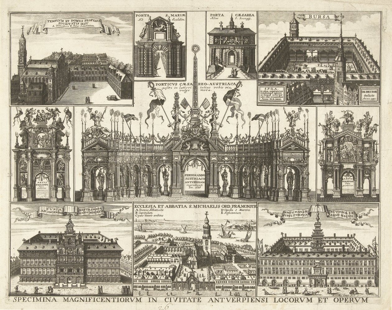 印有十幅红衣主教费迪南德进入安特卫普的图画的纸张，1635 年
Specimina magnificentiorum in civitate Antverpiensi locorum et operum（物上标题） 作者 亨德里克·考瑟（HendrikCausé）