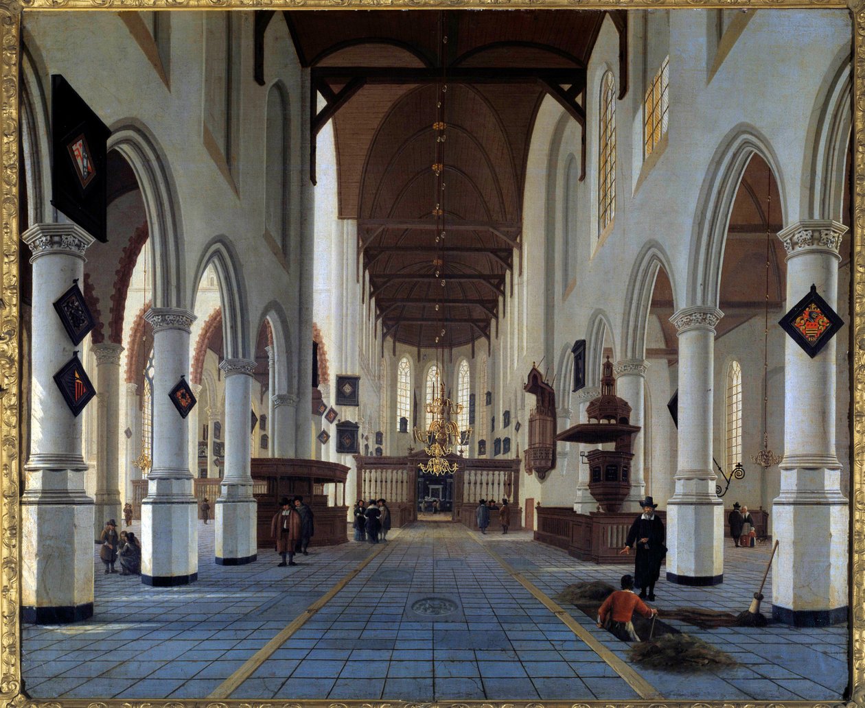 教堂内景（代尔夫特的 Oudekerk？） Hendrick Cornelisz Van Vliet (1611/1612-1675) 绘画，17 世纪 0,92x1,12 m 作者 亨德里克·科尼利斯（Hendrik Cornelisz）。范弗利特