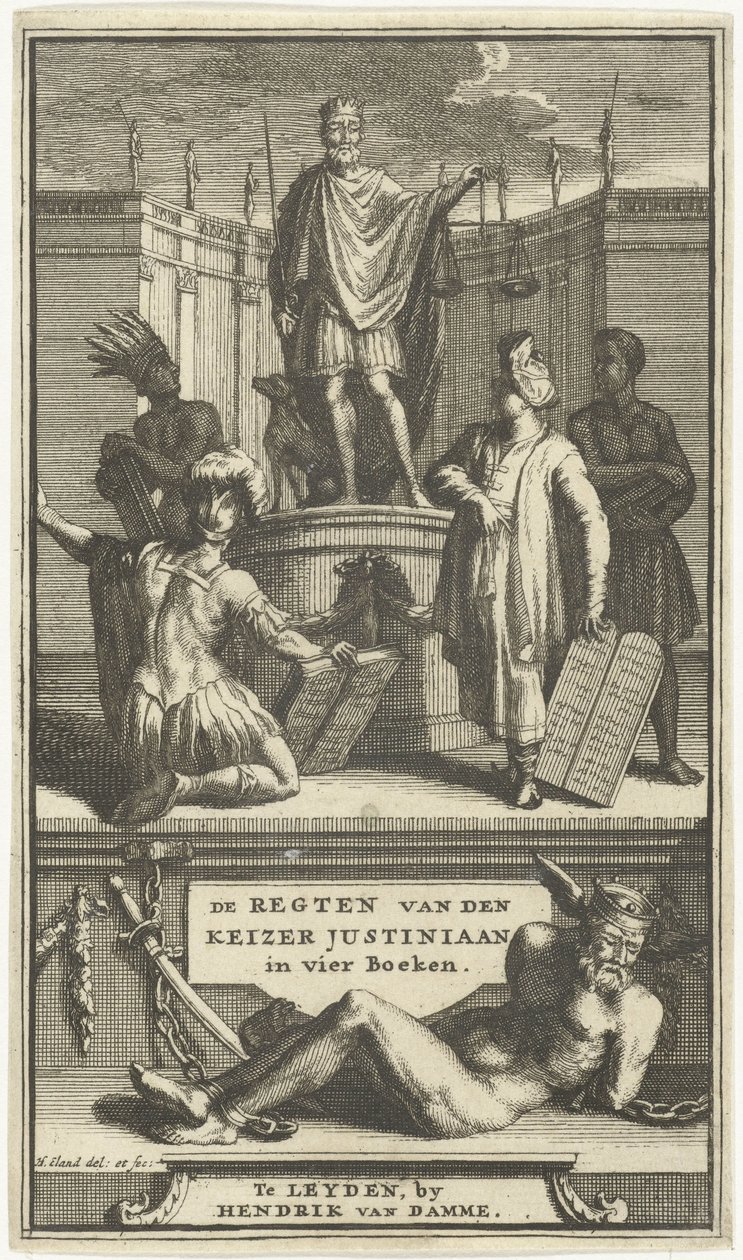 De regten van den keizer Justiniaan 的扉页，莱顿，1705 年
REGTEN van den KEIZER JUSTINIAAN in vier boeken（物上标题） 作者 亨利克·伊兰特