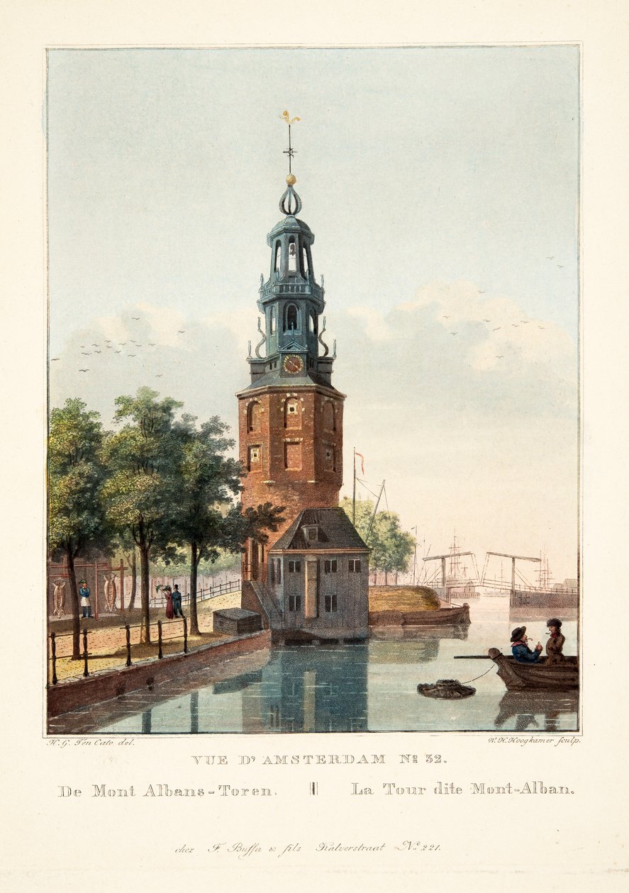 阿姆斯特丹No.32的视图。从Mont Albans-Toren出发。所谓的Mont-Alban Tower，1825年（手工彩色雕刻） 作者 亨德里克·格里特十个凯特