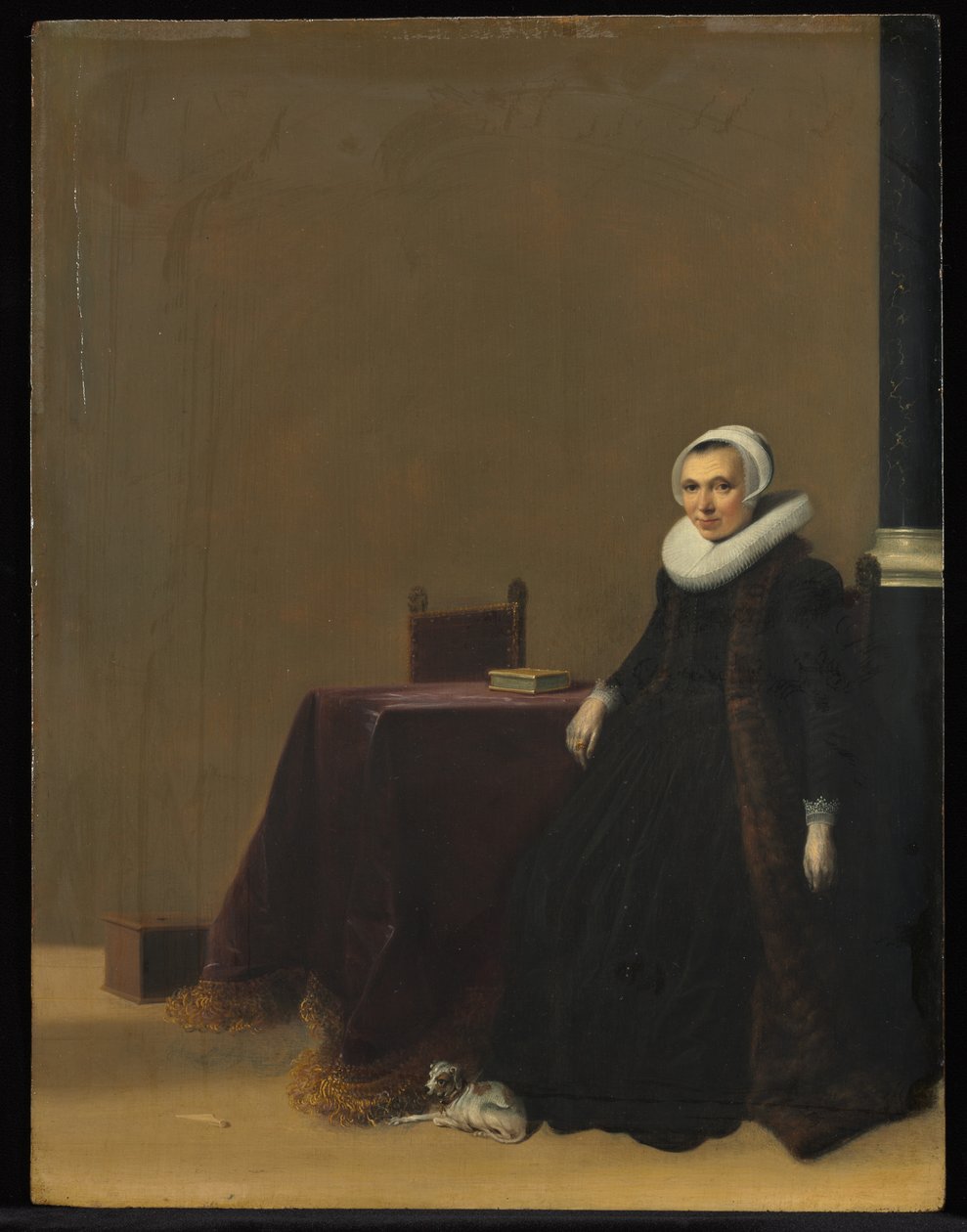 一名妇女的画象有狗的，c。 1635。 作者 亨德里克·格里兹（Hendrik Gerritsz）。锅