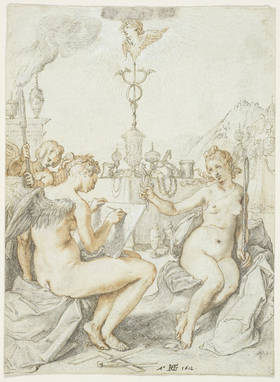 关于绘画艺术的寓言，艺术家的象征，1612（纸上的墨水，粉笔和水粉） 作者 亨德里克·古尔齐乌斯（Hendrik Goltzius）