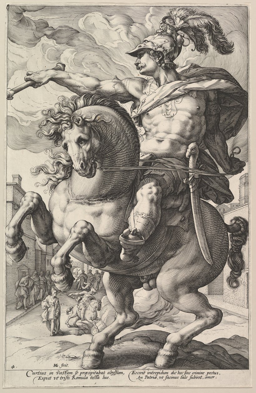Marcus Curtius，来自《罗马英雄》系列，1586年。 作者 亨德里克·古尔齐乌斯（Hendrik Goltzius）