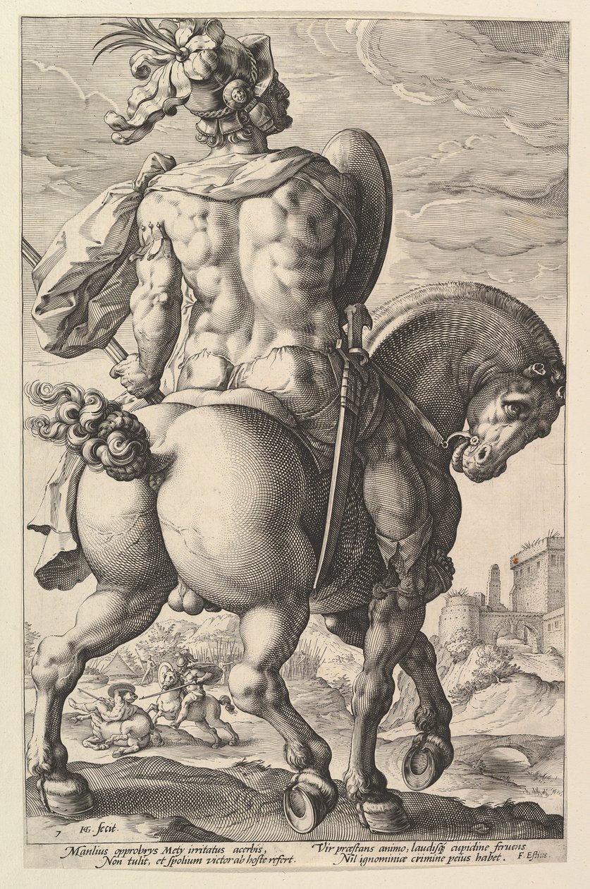 泰特斯·曼利乌斯（Titus Manlius），选自《罗马英雄》系列，1586年。 作者 亨德里克·古尔齐乌斯（Hendrik Goltzius）