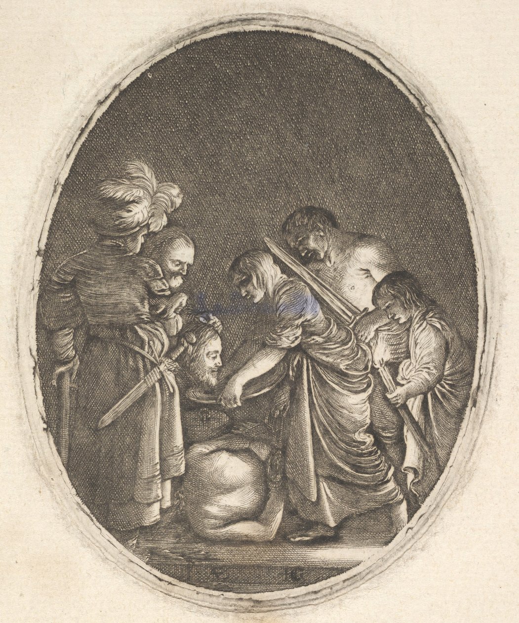 莎乐美（Salome）接受施洗约翰（John Baptist）的头，被三个男人和一个孩子bea ...包围， 1610。 作者 亨德里克·古德