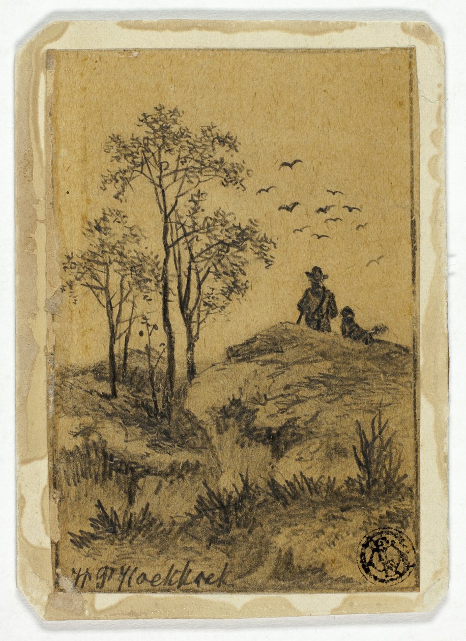 猎人和狗在山上观鸟 作者 亨德里克·彼得·科克科克（Hendrik Pieter Koekkoek）