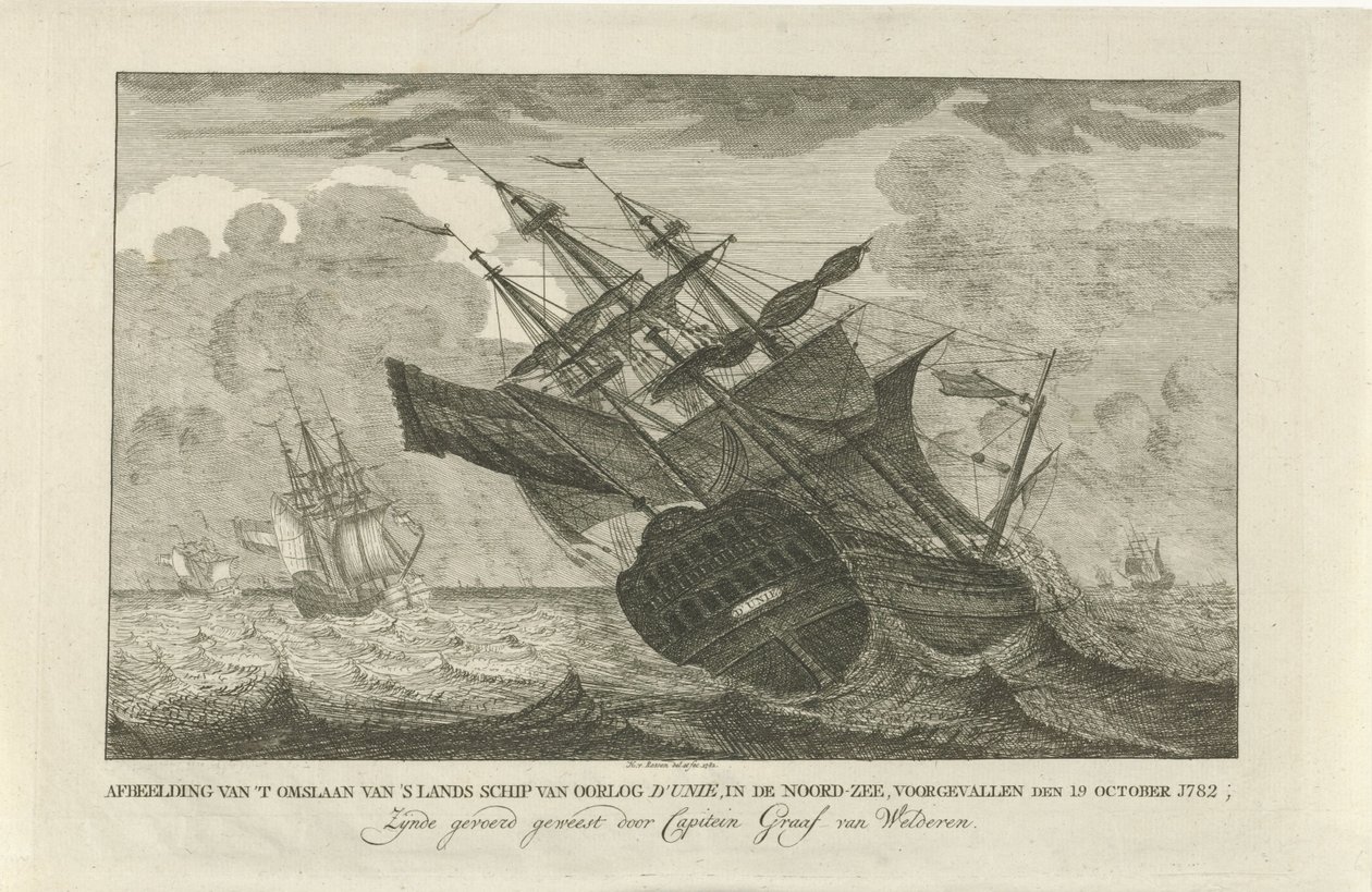 De Unie 号船失事，1782 年 1782 年 10 月 19 日，该国战时军舰“联盟号”在北海倾覆的图片； 由范韦尔德伦伯爵上尉携带（物体上的标题） 作者 亨德里克·R·范·罗森